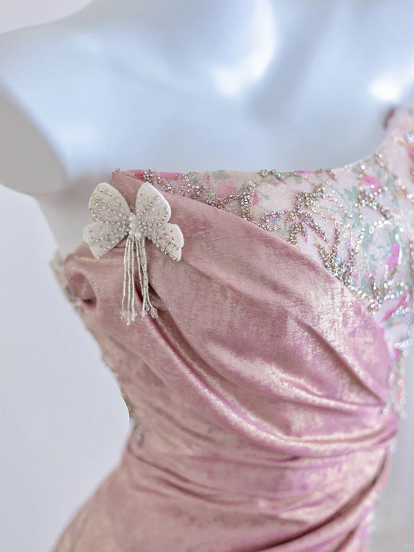 Light pink strapless fitted waist elegant floral pattern long ball gown/bridal dress R8278