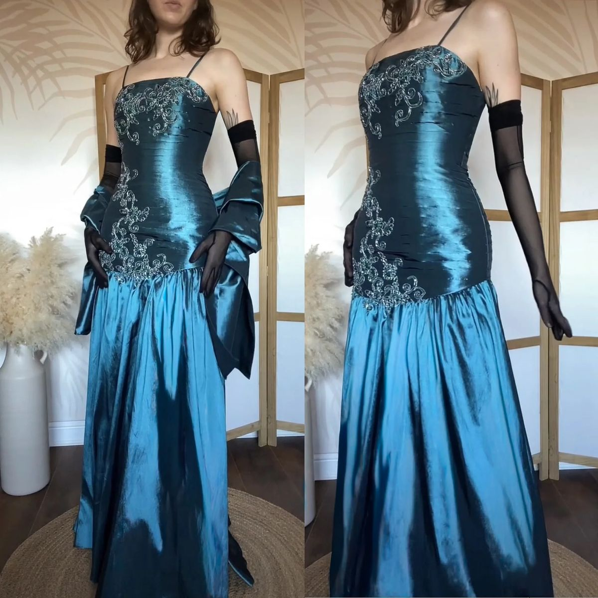 Elegant Spaghetti Straps Blue Satin Beaded Mermaid Long Party Dress Evening Gown