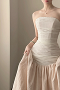 White strapless, waist-cinched, slim-fit top with a light pink long skirt, elegant prom dress R7954