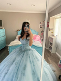 Classy Off The Shoulder Blue Tulle Appliqued Ball Gown Sweet 16 Dress