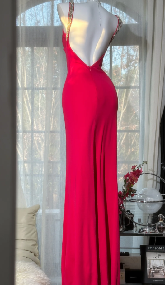Pretty Spaghetti Straps Red V Neck Satin Beaded Mermaid Slit Evening Dress Long Party Gown