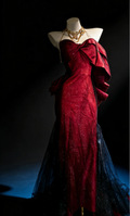 Pretty Red Bow Strapless Satin Tulle Mermaid Long Birthday Party Dress Prom Dresses SP1632