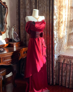 Stylish Burgundy Satin Ruffles Long Party Dress Evening Gown