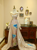 Champagne pink strapless fitted long ball gown R7160