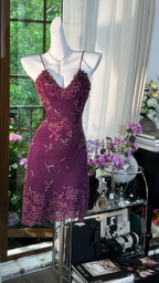 Purple halter-neck embroidered waist-cinching sexy short ball gown R7642