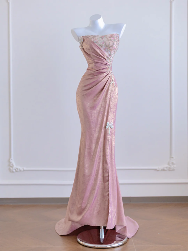 Light pink strapless fitted waist elegant floral pattern long ball gown/bridal dress R8278
