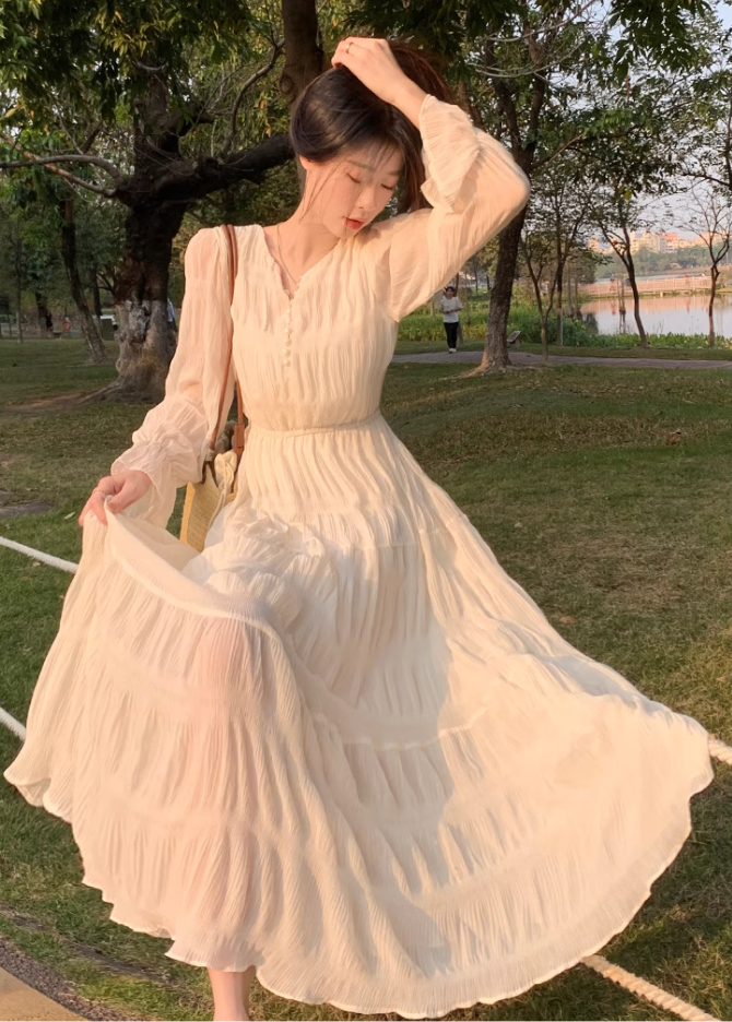 Tea break French style white beach dress waist slimming holiday long dress chiffon dress R1696