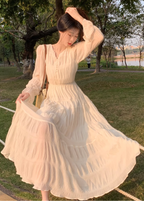 Tea break French style white beach dress waist slimming holiday long dress chiffon dress R1696