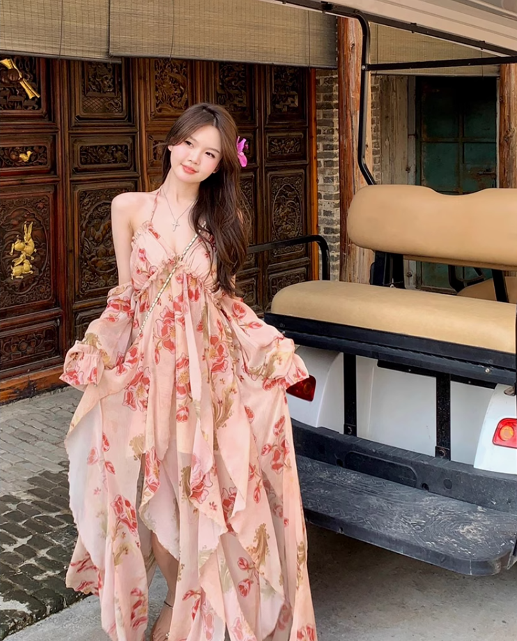 Fairy French floral suspender long dress beautiful holiday style v-neck wear backless dress R1754