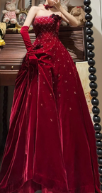 Burgundy Velvet Prom Party Dress With Gloves Birthday Party Dress With Beads    cg26312