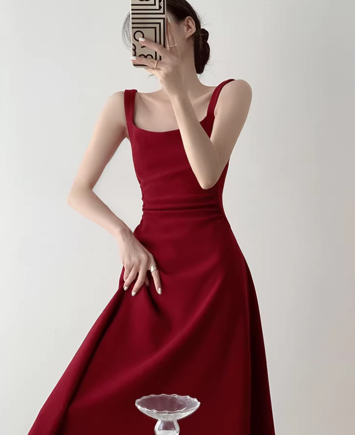 Retro red square neck suspender dress temperament waist banquet engagement A-line dress R1427
