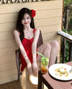 Beautiful red suspender dress sexy seaside holiday irregular short skirt R1477