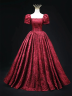 Vintage Square Neck Wine Red Prom Gown Short Sleeves Evening Dress Party Dress