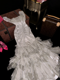 Grayish-white halter-neck fitted waist slim-fit tiered skirt long ball gown R7043