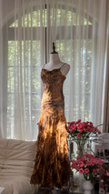 Brown and gold halter-neck fitted tiered skirt sexy long ball gown R7792