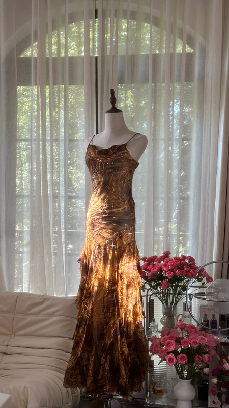 Brown and gold halter-neck fitted tiered skirt sexy long ball gown R7792