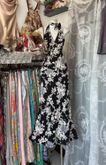 Black and white floral print retro halter neck fitted waist long ball gown R7524
