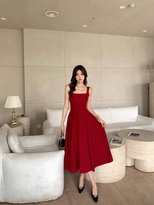 Red square neck suspender dress niche high-end a-line long dress certificate dress R1478