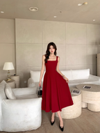 Red square neck suspender dress niche high-end a-line long dress certificate dress R1478