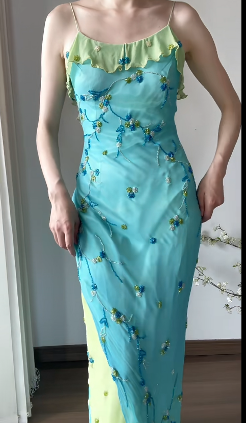 Vintage Prom Party Dress Spaghetti Straps Blue Evening Dress Birthday Outfit cg26360