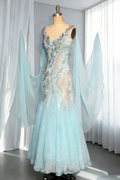 Luxurious Blue Chiffon Beaded Mermaid Long Evening Dress Birthday Prom Dresses SP1746