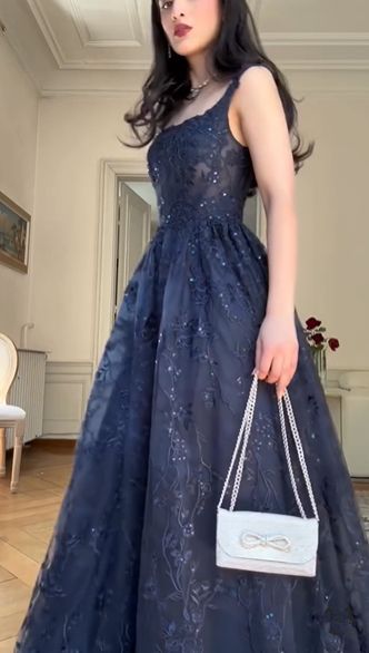 Blue A Line Lace Appliques Prom Dress Elegant Evening Gown