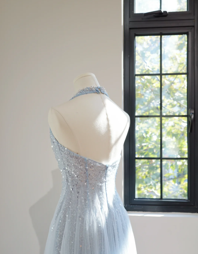 Fairy Halter V Neck Sky Blue Tulle Sequin Beaded A Line Long Prom Dress Party Gown