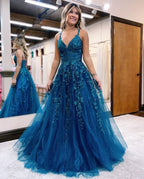 Cute A Line V Neck Tulle Prom Dresses with Appliques     cg24918