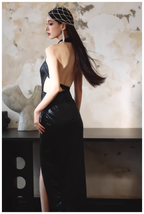 Sexy Black Halter High Slit Sheath Long Evening Dress Backless Prom Gowns