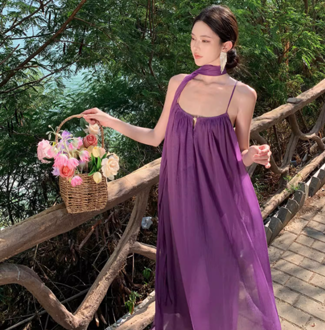 Purple beach dress backless dress loose chiffon suspender long dress seaside holiday dress R1595