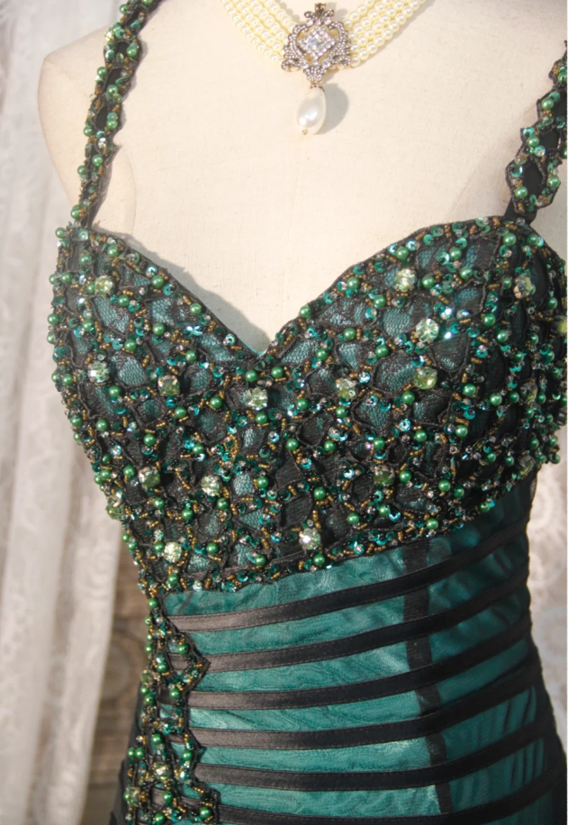 Vintage Spaghetti Straps Satin Tulle Beaded Mermaid Evening Dress Dark Green Long Party Gown