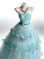 Sweet Blue Strapless Ball Gown Tulle Appliques Layered Birthday Quinceanera Dress SP2033