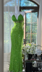 Sparkly Green Halter V Neck Sequin Beaded Mermaid Prom Dress Backless Long Evening Gown