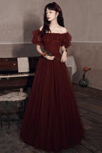 Burgundy Off The Shoulder Tulle Line Prom Dress Evening Dress Y8351