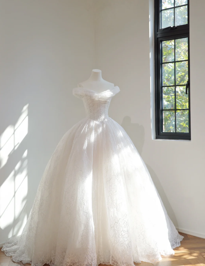 Princess Off The Shoulder White Lace Bridal Gown Long Wedding Dress