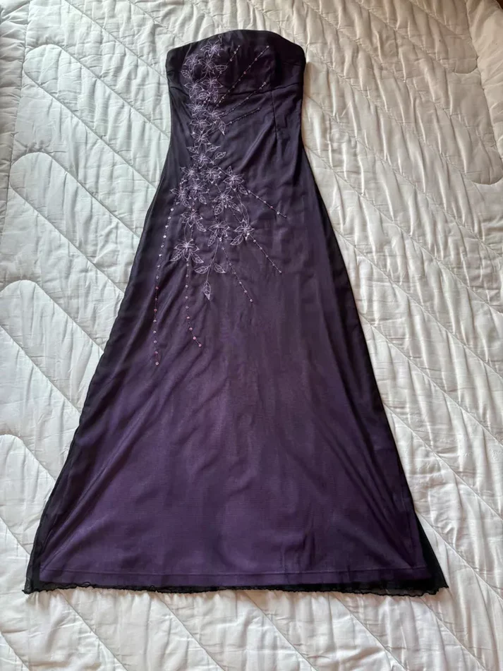 Vintage Strapless Purple Chiffon Satin Beaded Long Birthday Prom Dress Evening Gown
