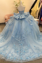 Pretty Strapless Blue Tulle Sequins Appliques Ruffles Tiered Bow Knot Sweet 15 Dress Quinceanera Dress SP571