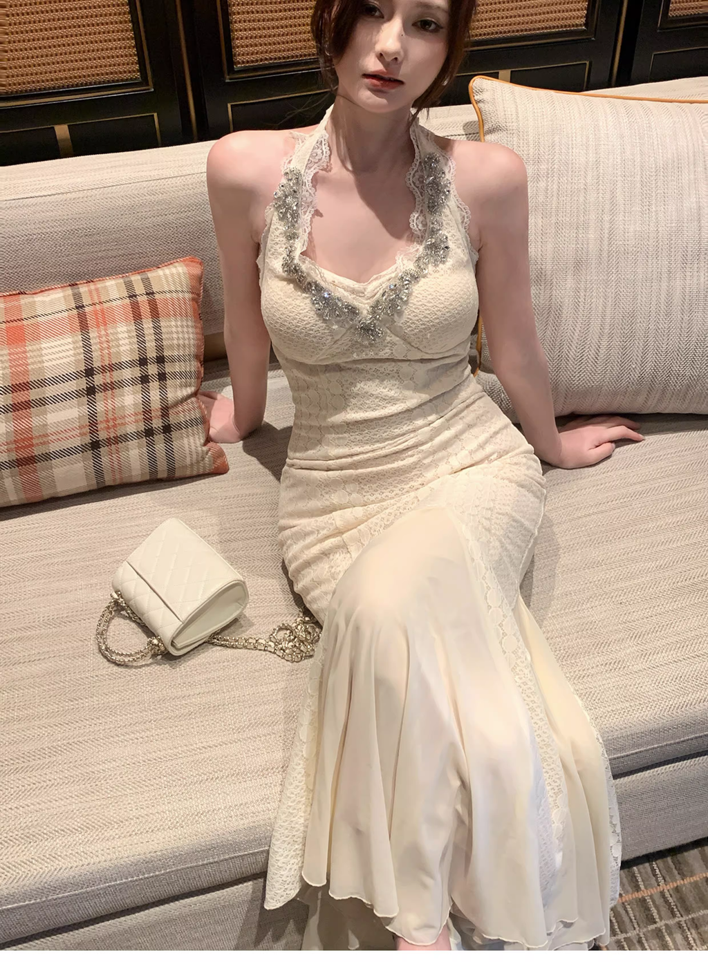 Charming Light Apricot Halter Lace Beaded Mermaid Party Dress Long Birthday Prom Gown SP1497