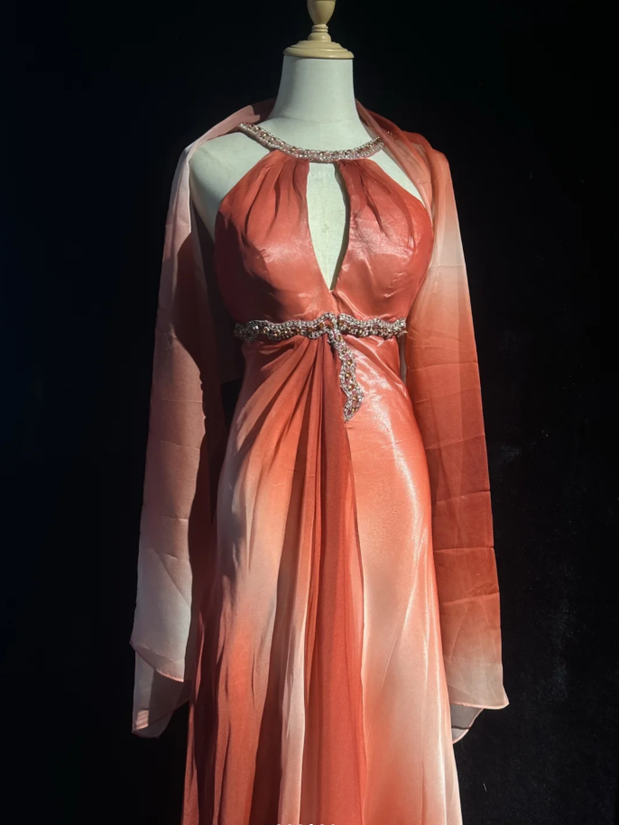 Chic Ombre Orange Chiffon Beaded Long Party Dress Evening Gowns