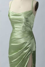 Green Scoop Neck Lace-Up Back Long Prom Dress with Slit Y6853