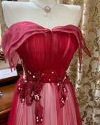 Pretty Red Off The Shoulder Tulle Beaded A Line Long Birthday Prom Dress Evening Dress SP1608