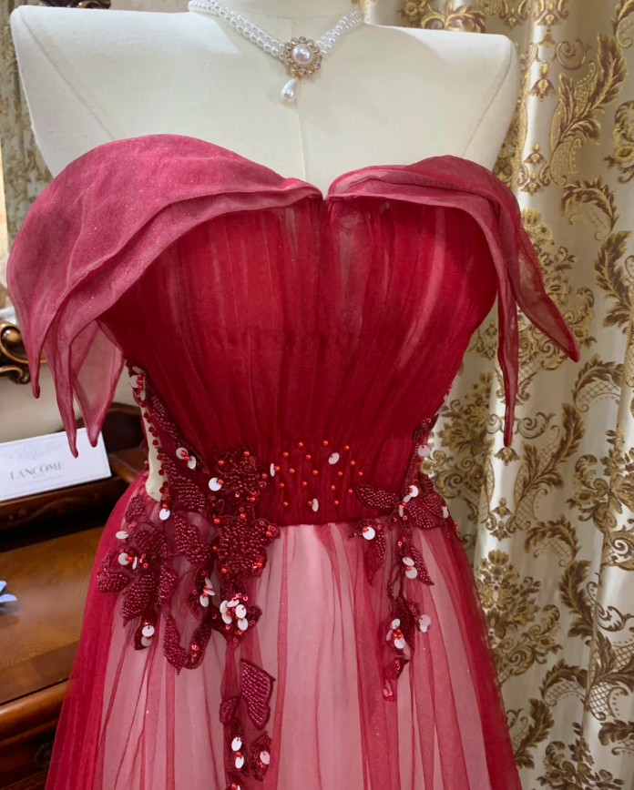 Pretty Red Off The Shoulder Tulle Beaded A Line Long Birthday Prom Dress Evening Dress SP1608