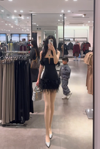 Black strapless waist-cinching slim-fit sexy short prom dress R7915