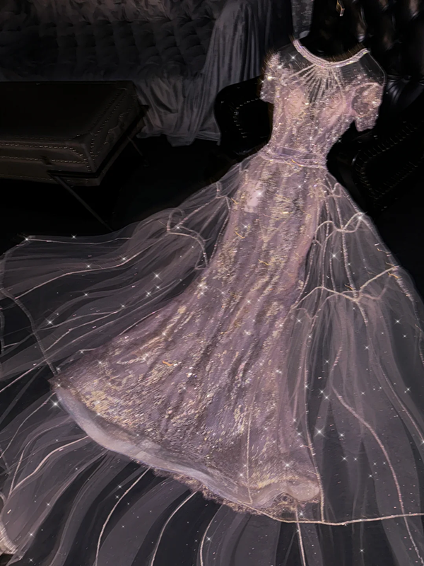 Light purple round neck fitted waist long elegant ball gown, bridal dress R8765