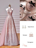 Sparkly Pink Halter Sequins Tulle A Line Prom Dress Evening Dress Y8608