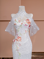 White halter-neck, fitted waist, bodycon, fishtail skirt, long ball gown, bridal gown R8424