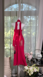 Pink halter-neck fitted bodycon long ball gown R7604
