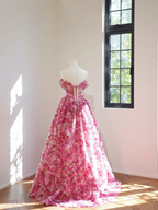 Pink floral print strapless fitted waist ball gown with a full skirt, long ball gown, bridal dress R8454
