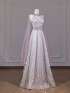 Light pink V-neck fitted waist slim-fit rhinestone long ball gown/bridal dress R8279