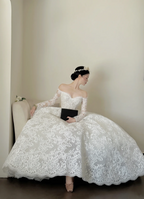 White lace off‑the‑shoulder, waist‑cinching, slim‑fit, long ball gown with a fluffy skirt, wedding dress R7994